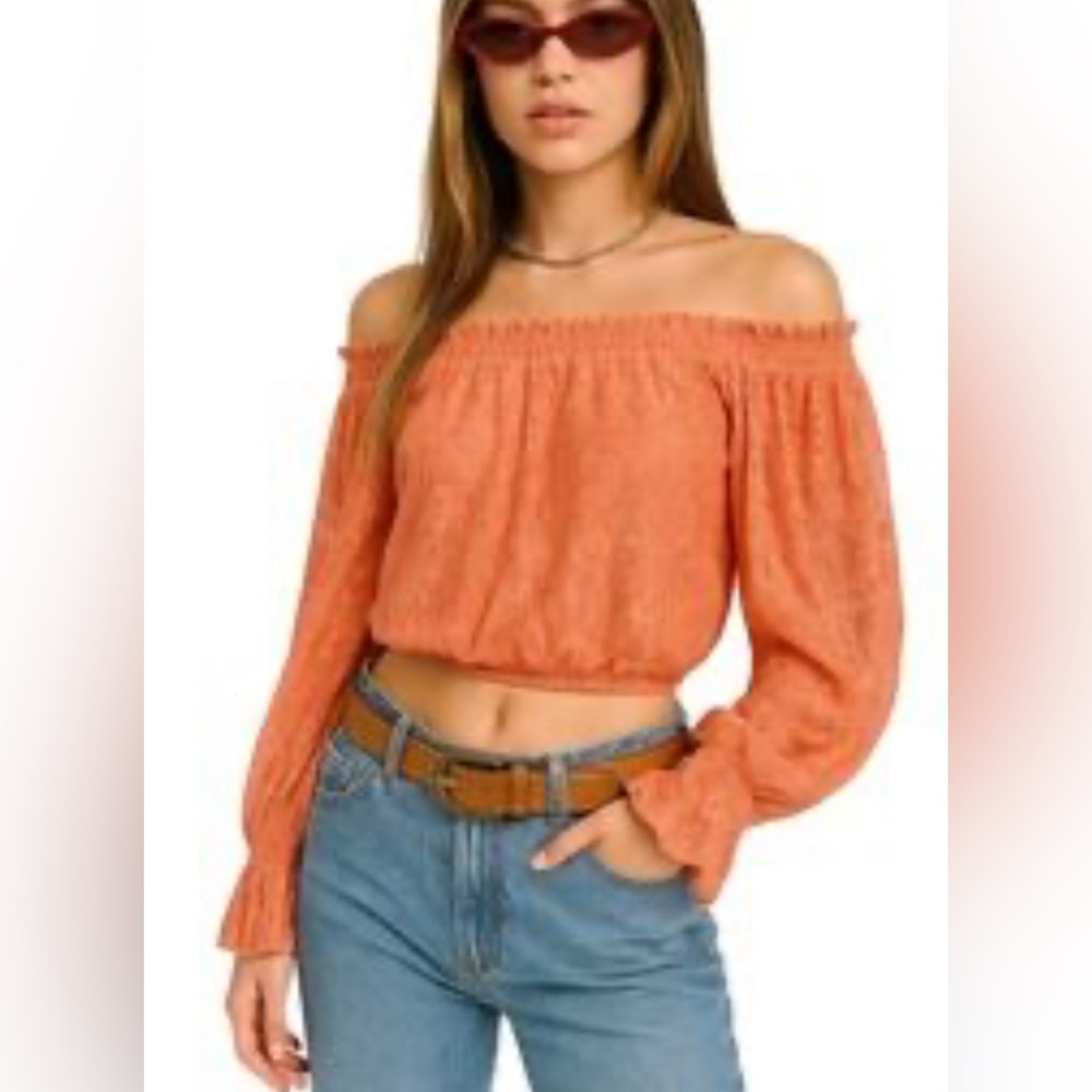 Free People Emily Coral Lace Off the Shoulder Long Sleeve Crop Top size XSmall